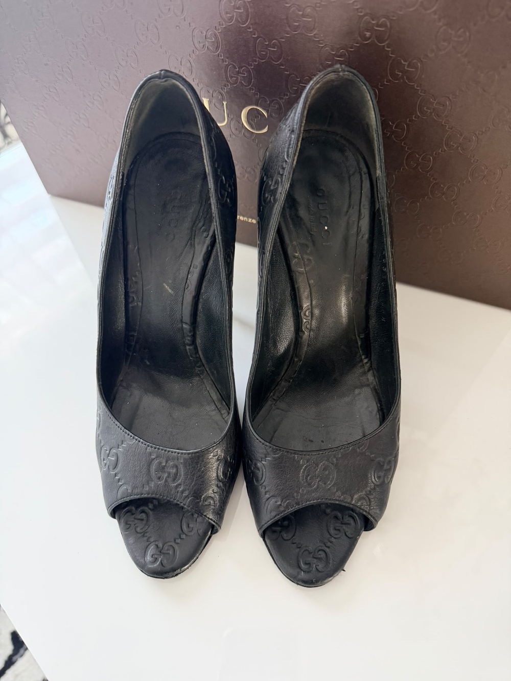 Gucci Black Peep-Toe Embossed Leather Pumps